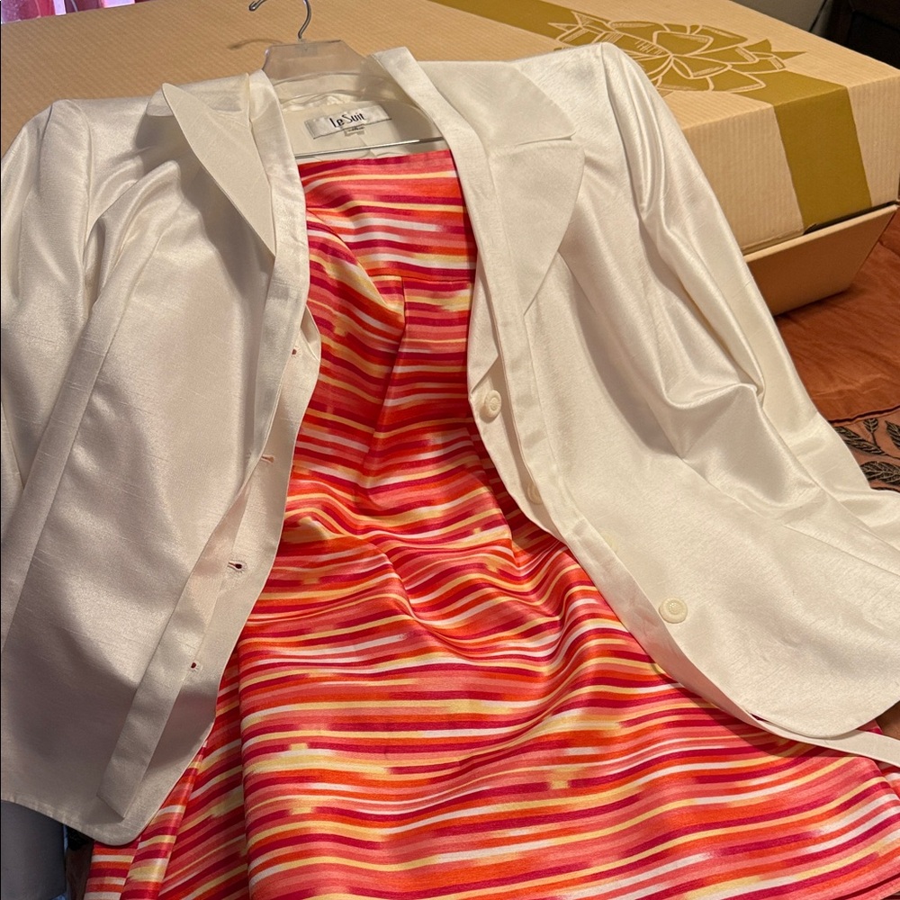 Le Suit Ivory Blazer with Vibrant Striped skirt
